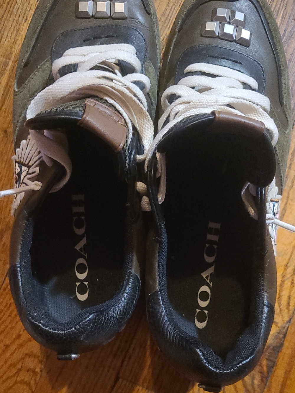 COACH Men's Olive Green and Black Leather-Trim Sneakers with White Laces - Picture 6 of 8